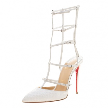 Pre Owned Christian Louboutin White Scallop Embossed Leather Kadreyana Pointed Toe Cage Sandals Size 39