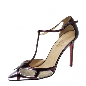 Pre Owned Christian Louboutin Metallic Purple Leather and Mesh Bat Girl T Strap Pumps Size 38.5