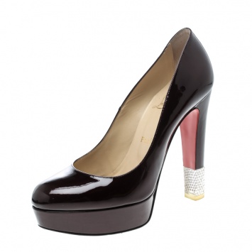 Pre Owned Christian Louboutin Burgundy Patent Leather Filter Platform Pumps Size 39