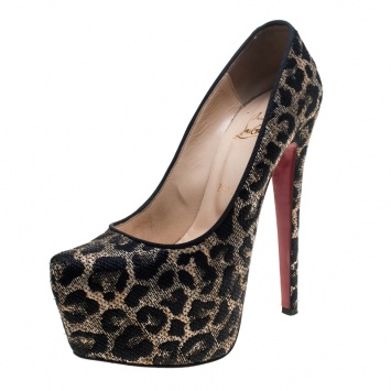 Pre Owned Christian Louboutin Two Tone Leopard Weave Raffia Daffodile Platform Pumps Size 38