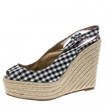 Pre Owned Christian Louboutin Black Canvas Menorca Gingham Espadrille Wedge Sandals Size 39