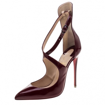Pre Owned Christian Louboutin Cherry Red Patent Leather Marlenarock Cross Strap D'orsay Pumps Size 37.5