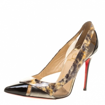 Pre Owned Christian Louboutin Black Leather and PVC Galata Pumps Size 37