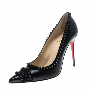 Pre Owned Christian Louboutin Black Leather and Suede Malabar Hill Spiked Pumps Size 40