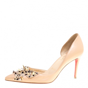 Pre Owned Christian Louboutin Beige Leather Farfa Spikes Embellished Pointed Toe D'orsay Pumps Size 37