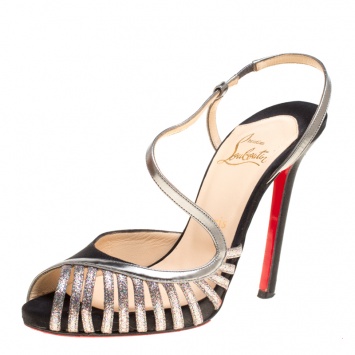 مملوكة مسبقًا Christian Louboutin Black Satin Scoubridou Asymmetric Mixed Media Sandals Size 37