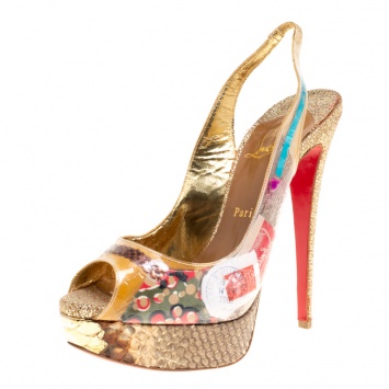 Pre Owned Christian Louboutin Khaki PVC Eco Trash Peep Toe Platform Slingback Sandals Size 39