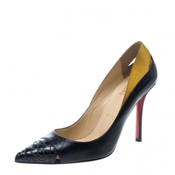 Pre Owned Christian Louboutin Two Tone Leather and Satin Pointed Toe Pumps Size 37