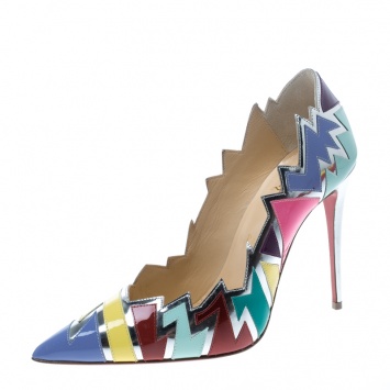 Pre Owned  Christian Louboutin Multicolor Jagged Leather Explotek Pointed Toe Pumps Size 38.5
