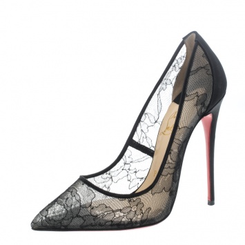 Pre Owned Christian Louboutin Black Satin and Lace Follies Pointed Toe Pumps Size 37
