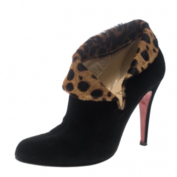 Pre Owned Christian Louboutin Black/Brown Suede and Pony Hair Chrame Ankle Boots Size 37.5