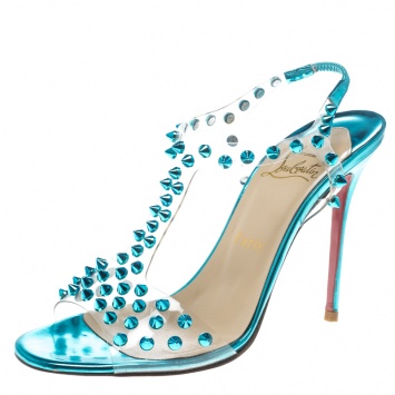 Pre Owned Christian Louboutin Turquoise Spiked PVC J-Lissimo T Strap Sandals Size 37