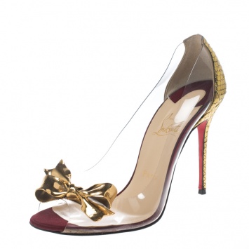 Pre Owned Christian Louboutin Metallic Gold Python and PVC Justinodo Peep Toe Pumps Size 38