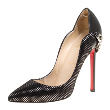 Pre Owned Christian Louboutin Black/Silver Suede and Leather Doremi Chain Pointed Toe Pumps Size 36