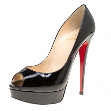Pre Owned Christian Louboutin Black Patent Leather Lady Peep Toe Platform Pumps Size 39