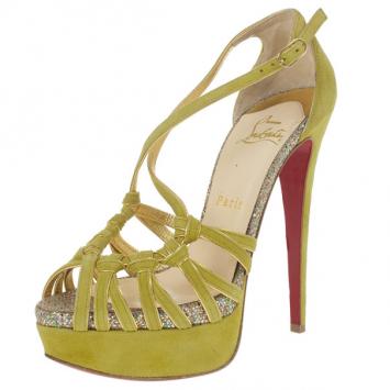 Pre Owned Christian Louboutin Green Suede 8 Mignons Platform Sandals Size 37