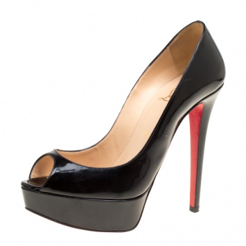 Pre Owned Christian Louboutin Black Patent Leather Lady Peep Toe Platform Pumps Size 37.5