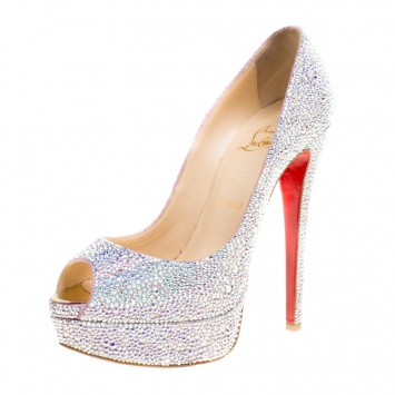 Pre Owned Christian Louboutin Crystal Embellished Lady Peep Toe Aurora Boreale Platform Pumps Size 38