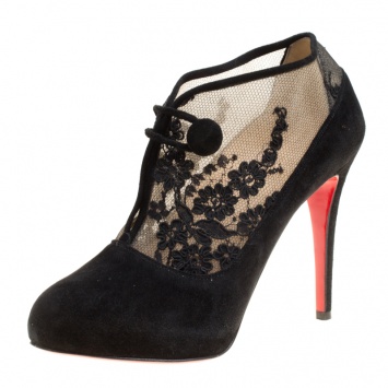 مملوكة مسبقًا Christian Louboutin Black Suede and Floral Lace Clic Clac Booties Size 39.5