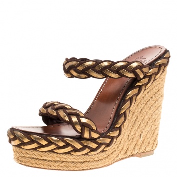 Pre Owned Christian Louboutin Gold/Brown Leather and Suede Braided Espadrille Wedge Size 38