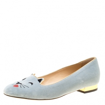 مملوكة مسبقًا Charlotte Olympia Grey Velvet Emoticats Cheeky Kitty Flats Size 38