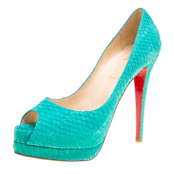 Pre Owned Christian Louboutin Green Python Textured Suede Lady Peep Toe Platform Pumps Size 40.5