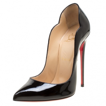 Pre Owned Christian Louboutin Black Patent Leather Hot Chick Scalloped Trim Pointed Toe Pumps Size 38.5