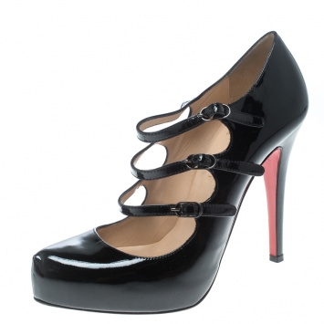 Pre Owned Christian Louboutin Black Patent Leather Lillian Strappy Platform Pumps Size 37.5