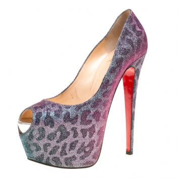 مملوكة مسبقًا Christian Louboutin Two Tone Leopard Print Lamè Fabric Highness Peep Toe Platform Pumps Size 39