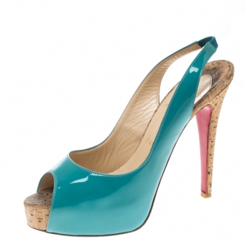 Pre Owned Christian Louboutin Blue Patent Leather So Private Slingback Cork Sandals Size 38