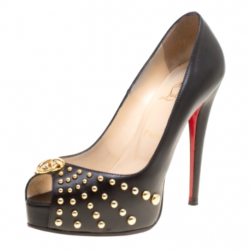 Pre Owned Christian Louboutin Black Leather Vendo Knock Studded Platform Pumps Size 38.5