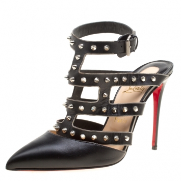 Pre Owned Christian Louboutin Black Leather Tchicaboum Spike Embellished Strappy Sandals Size 39.5