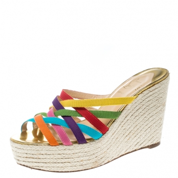 Pre Owned Christian Louboutin Multicolor Fabric Crepon 110 Espadrille Wedge Sandals Size 37