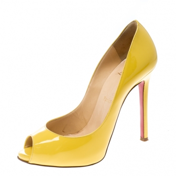 Pre Owned Christian Louboutin Yellow Patent Leather Flo Peep Toe Pumps Size 36.5