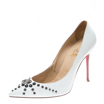 Pre Owned Christian Louboutin White Leather Door Knock Studded Pumps Size 39