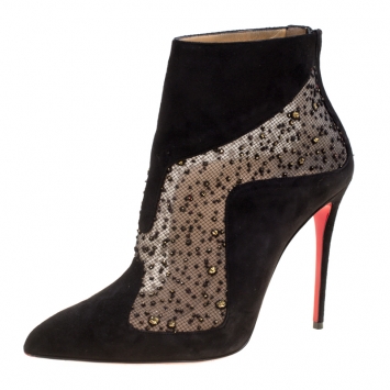 Pre Owned Christian Louboutin Black Suede And Tulle Papilloboot Pointed Toe Ankle Boots Size 38.5