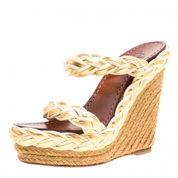 Pre Owned Christian Louboutin Two Tone Braided Leather and Suede Espadrille Wedge Sandals Size 37