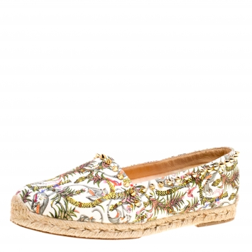 Pre Owned Christian Louboutin Ivory Multicolor Canvas Ares Spiked Espadrilles Flats Size 39