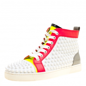 Pre Owned Christian Louboutin Multicolor Leather Louis Spikes Lace Up High Top Sneakers Size 36.5