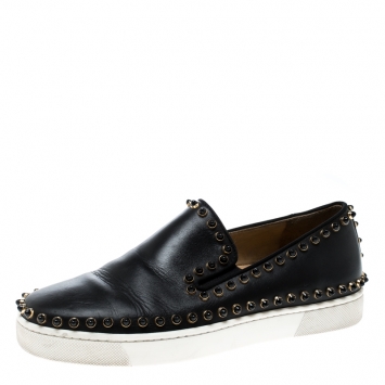 Pre Owned Christian Louboutin Black Leather Spike Pik Boat Slip On Sneakers Size 36
