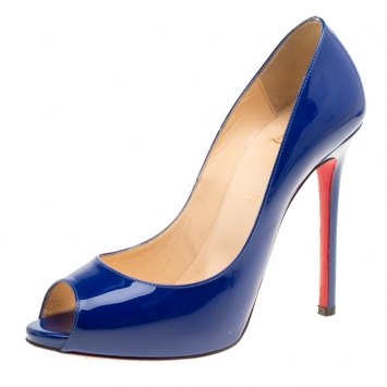 Pre Owned Christian Louboutin Blue Patent Leather Flo Peep Toe Pumps Size 39