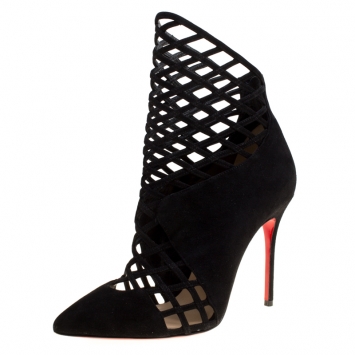 Pre Owned Christian Louboutin Black Suede Mrs Bouglione Cage Ankle Boots Size 36.5