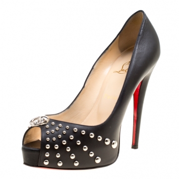 Pre Owned Christian Louboutin Black Leather Door Knock Studded Peep Toe Platform Pumps Size 39