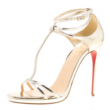 Pre Owned  Christian Louboutin Metallic Light Gold Leather Benedetta T Strap Sandals Size 39