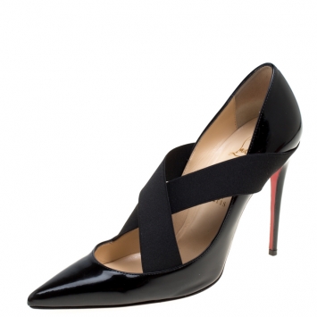 Pre Owned Christian Louboutin Black Patent Leather Sharpstagram Cross Strap Pointed Toe Pumps Size 37.5