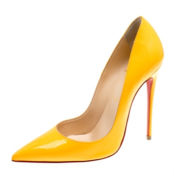 Pre Owned Christian Louboutin Mustard Yellow Patent Leather Pigalle Pointed Toe Pumps Size 37.5