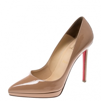 Pre Owned Christian Louboutin Beige Patent Leather Pigalle Plato Pumps Size 38.5