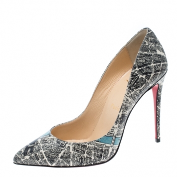 Pre Owned Christian Louboutin Monochrome Paris Map Print Leather Decollete Pointed Toe Pumps Size 37