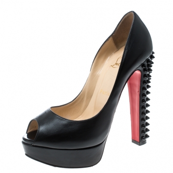 Pre Owned Christian Louboutin Black Leather Spike Embellished Heel Peep Toe Platform Pumps Size 37.5