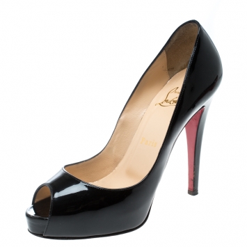 Pre Owned Christian Louboutin Black Patent Leather Hyper Prive Peep Toe Platform Pumps Size 37.5